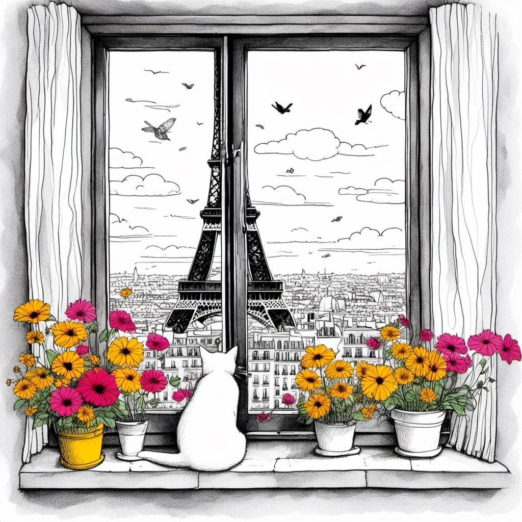 Stick Figure Cat Contemplates the Eiffel Tower