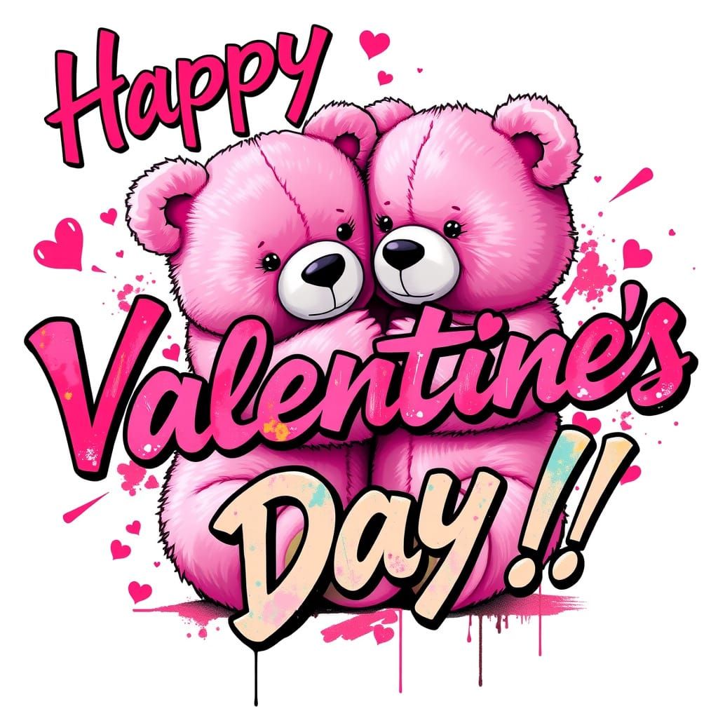 Pink Plush Bears Celebrate Valentine's Day in Vibrant Graffi...
