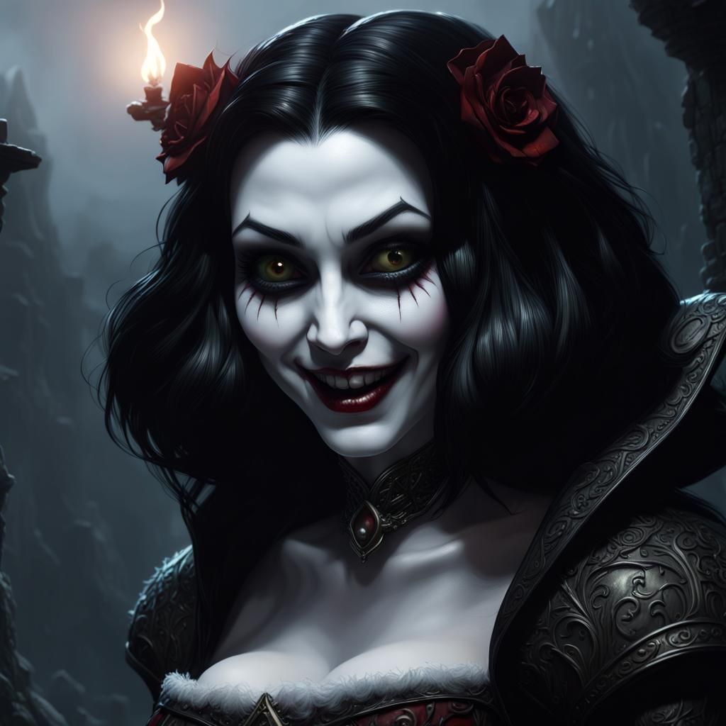 a nightmarish incarnation of an evil, dark, creepy face, horrible smile goth snow white