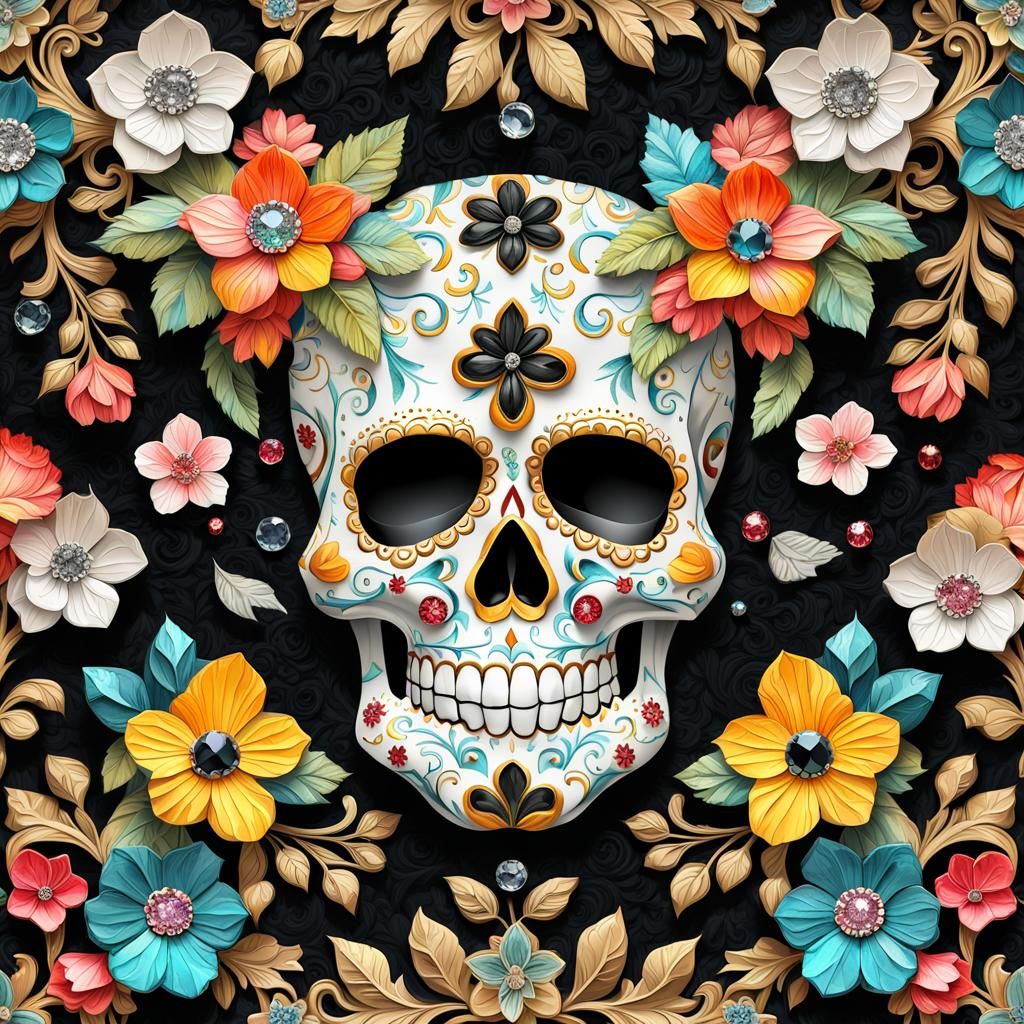 Ornate Crystal Sugar Skull in Rococo Impasto Style