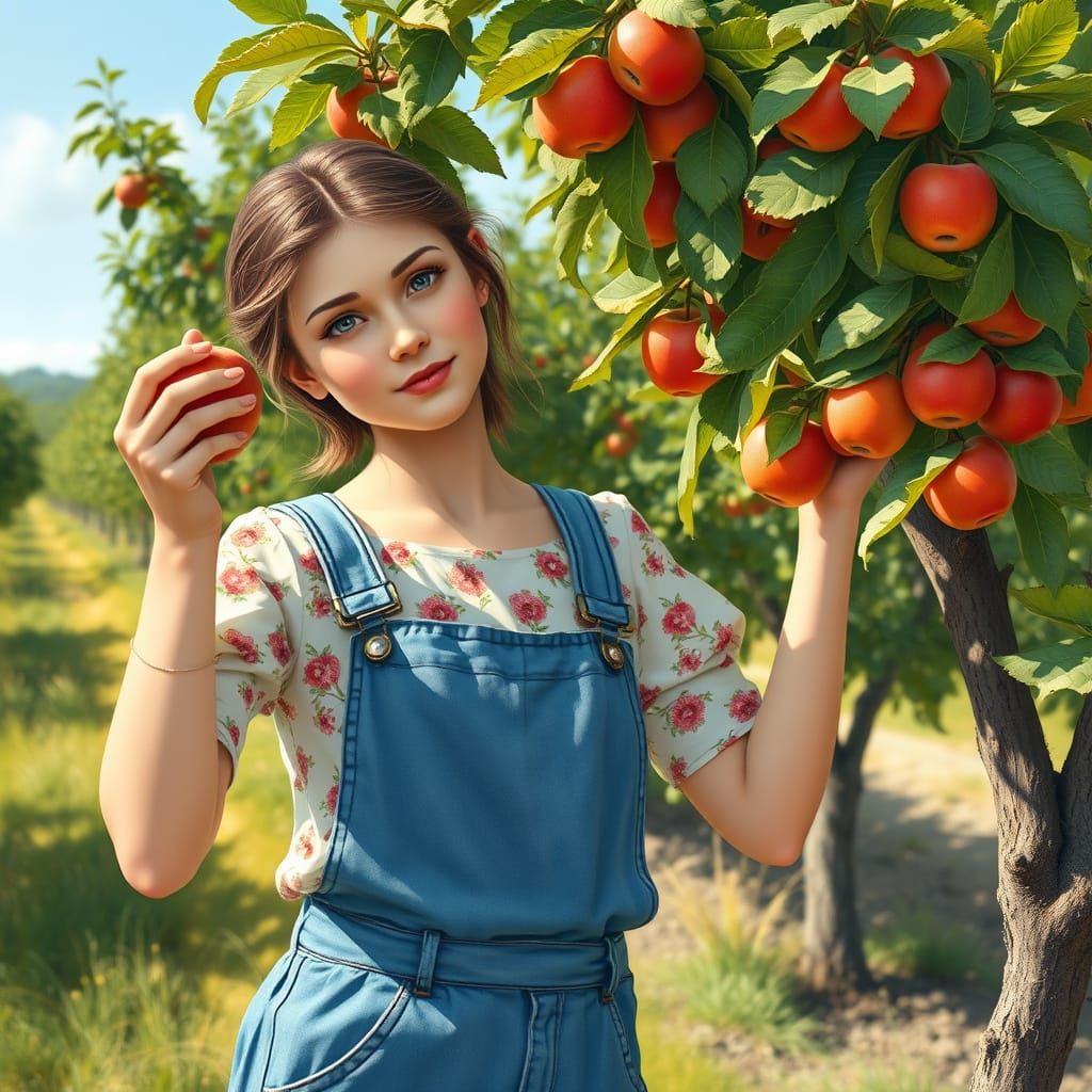 Ukrainian Woman Picking Apples in Impressionist Style