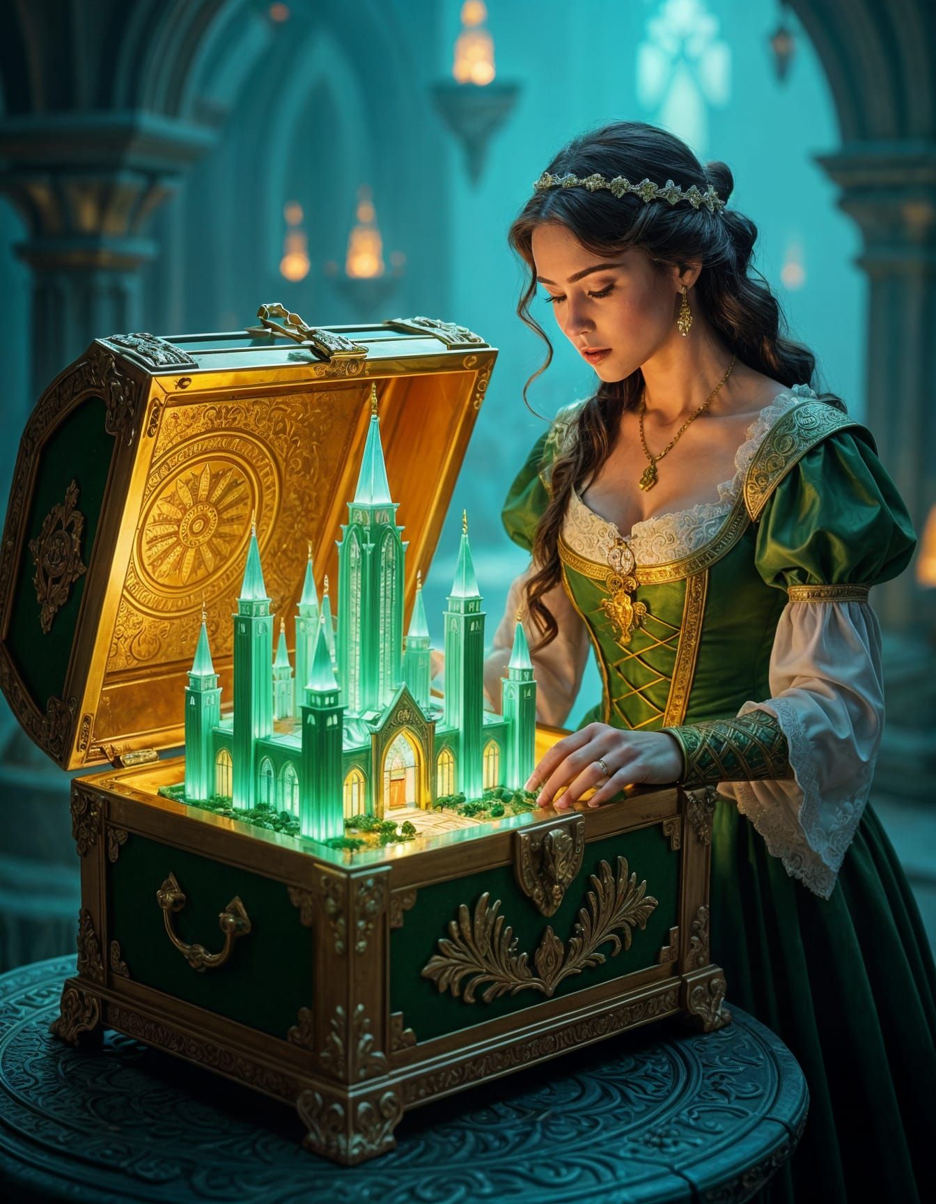 Miniature Emerald City Inside Ornate Golden Chest
