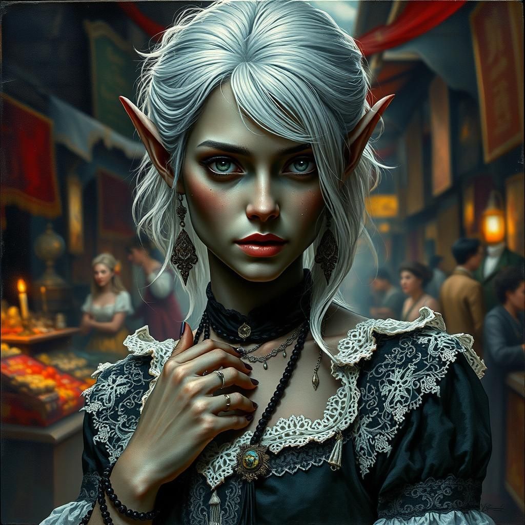 Dark Elf in Medieval Market, Decoupage Style