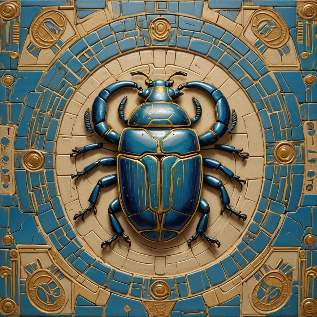 Egyptian Scarab Tile in Blue and Yellow