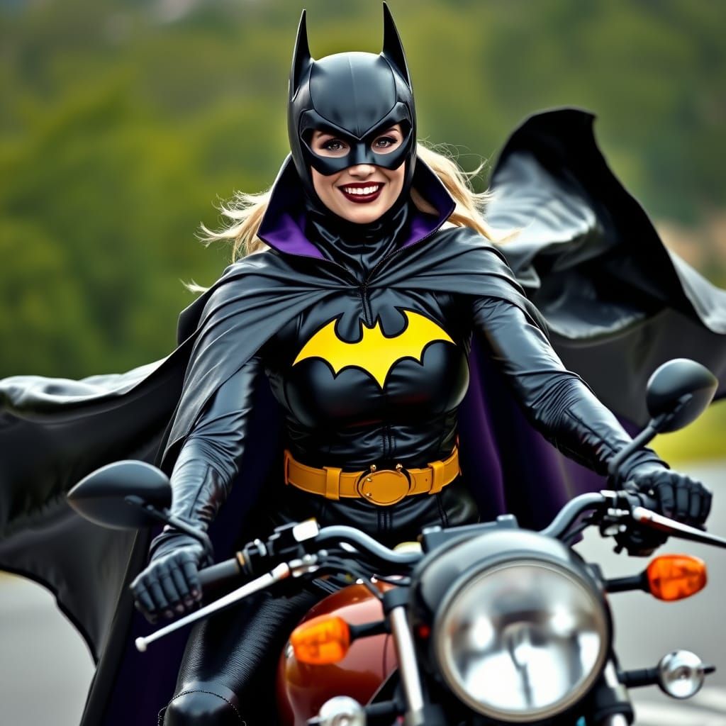 Batgirl Rides Motorbike in Full Leather Suit