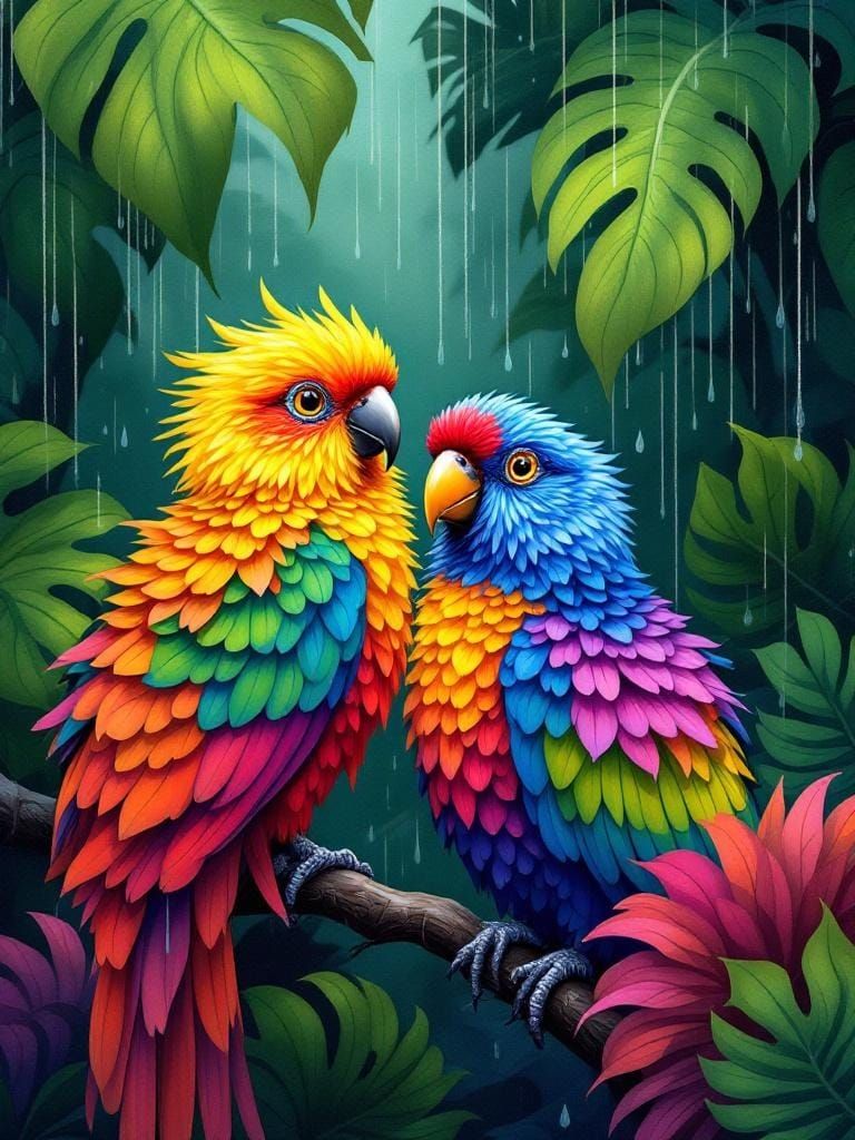 Vibrant Birds in Rainforest: Lisa Frank, Harper, Blaise Styl...