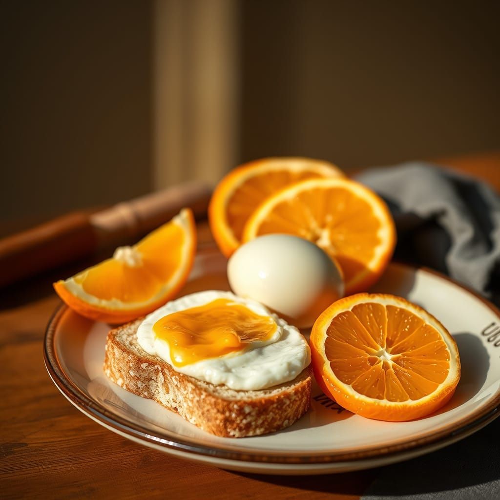 Cozy Breakfast Setting with Golden Cheese, Boiled Egg, and F...