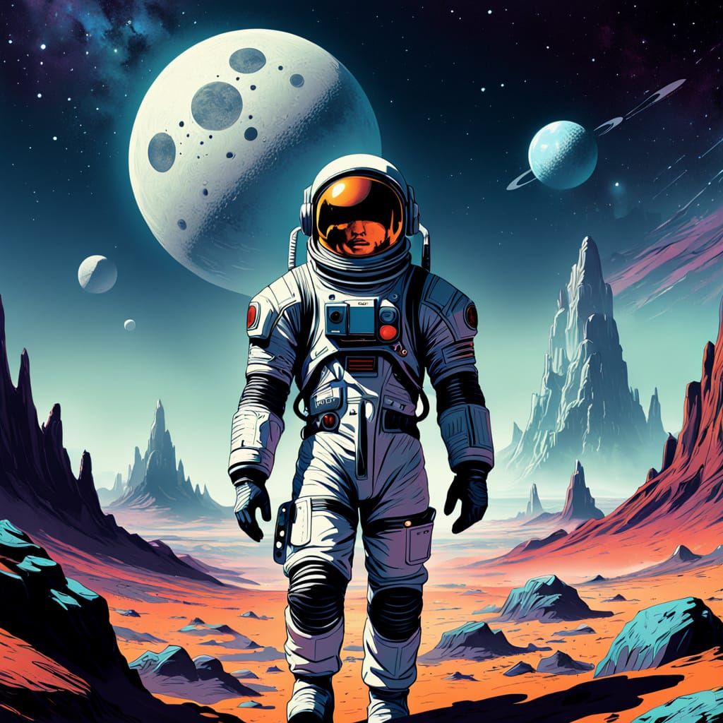 Retro Sci-Fi Astronaut on Alien Planet Book Cover Art