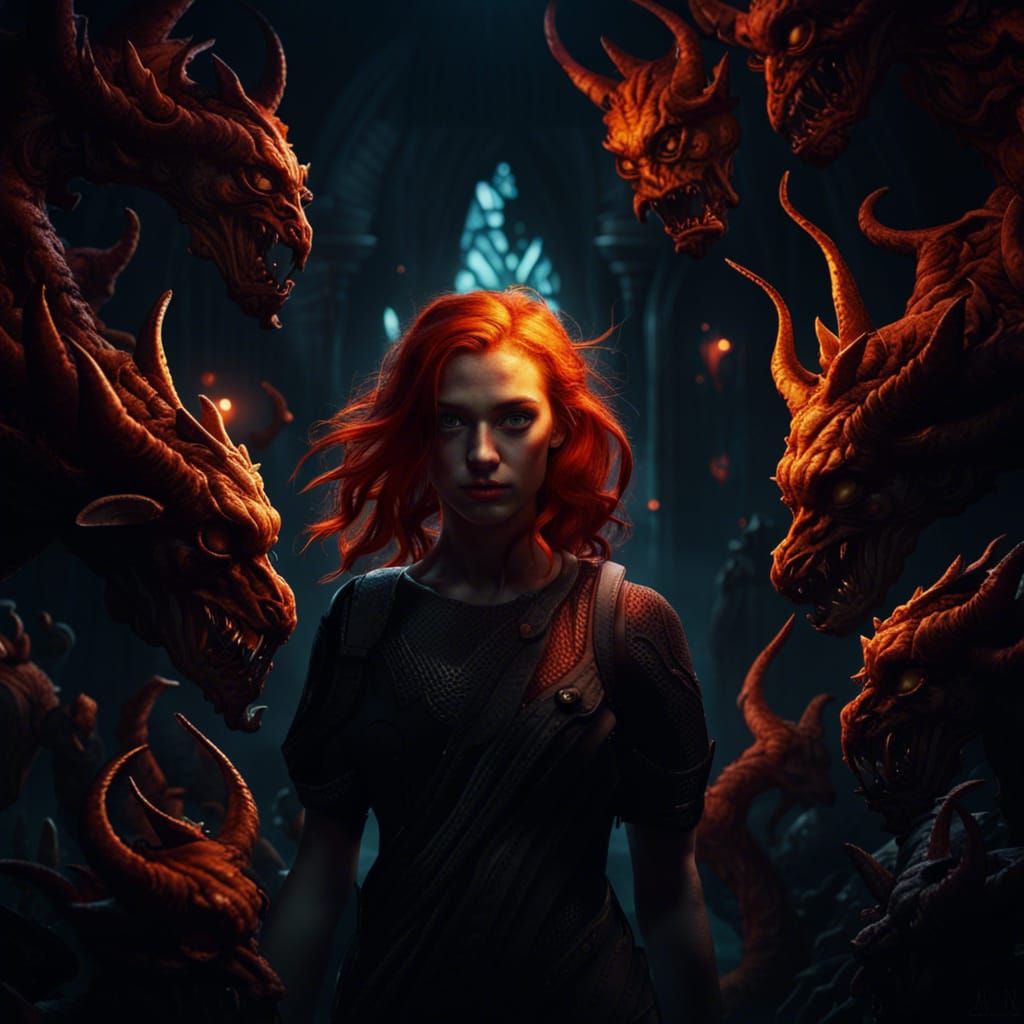 Ginger Girl vs Demons in Dark Fantasy Art
