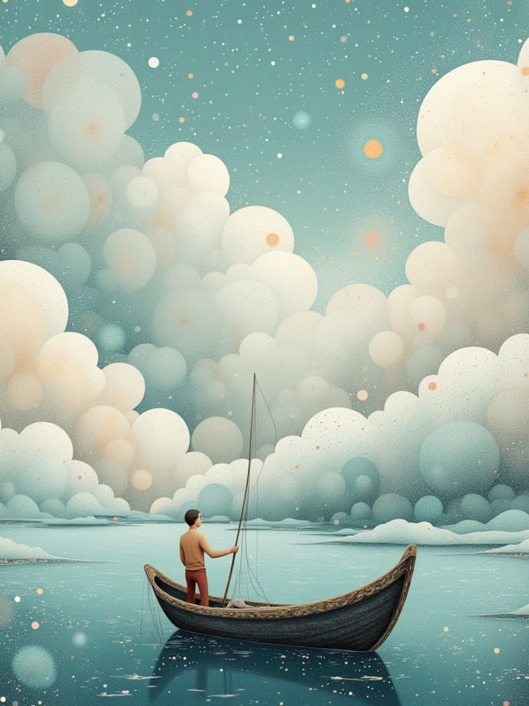 Fisherman on Surreal Sky Galaxy as Whimsical Illustration