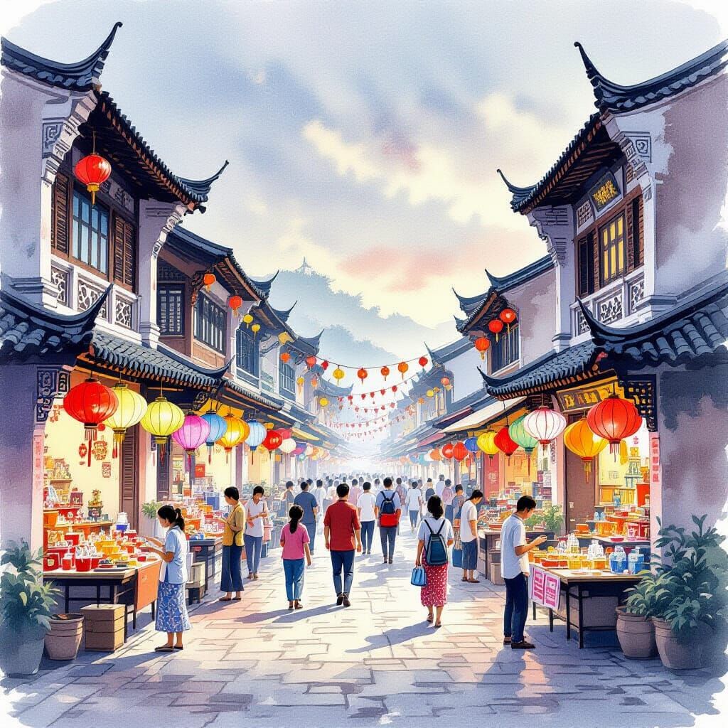 Southeast Asian Festival Market in Chinese Ink Style