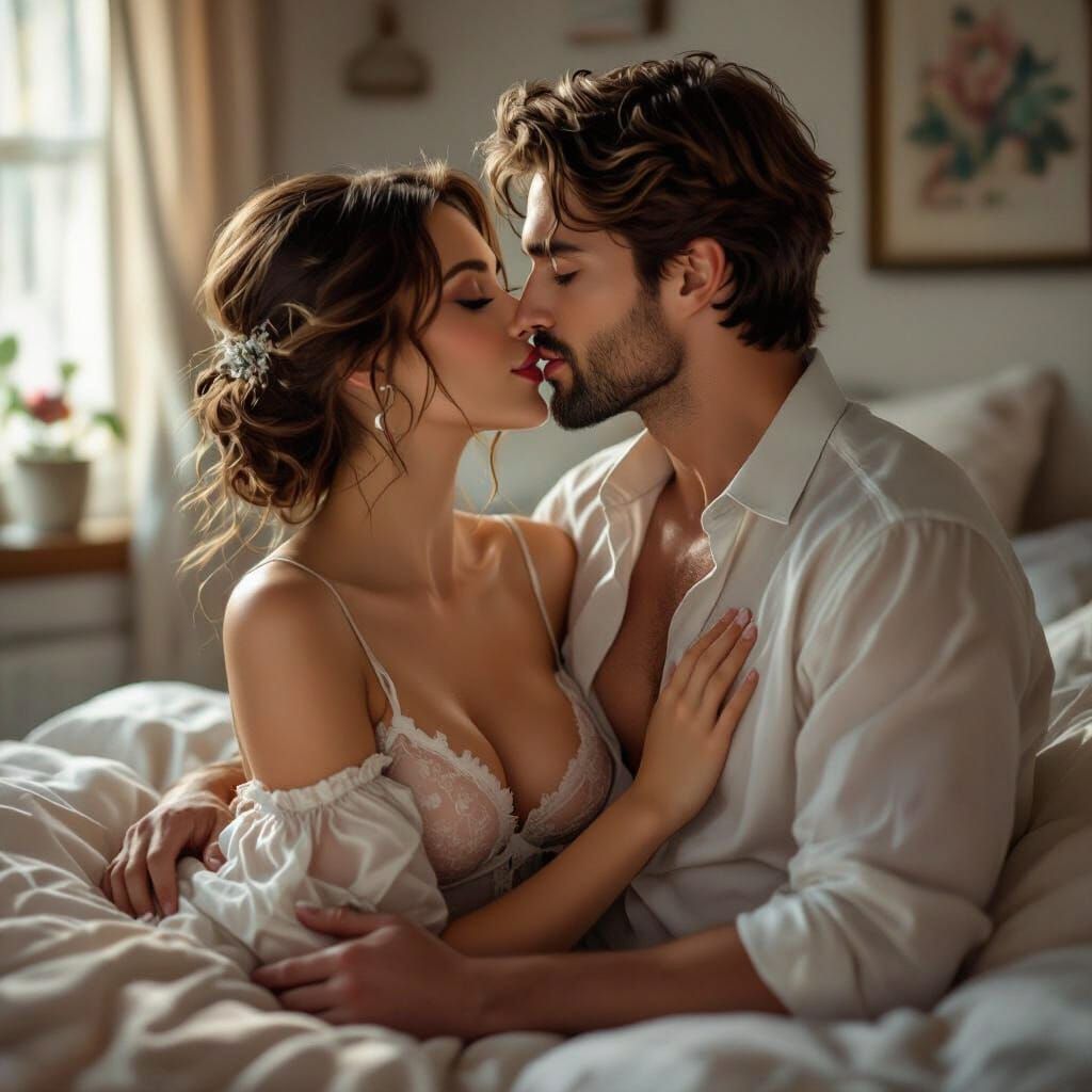 Romantic Kiss in Hyperrealism, Art Nouveau Style