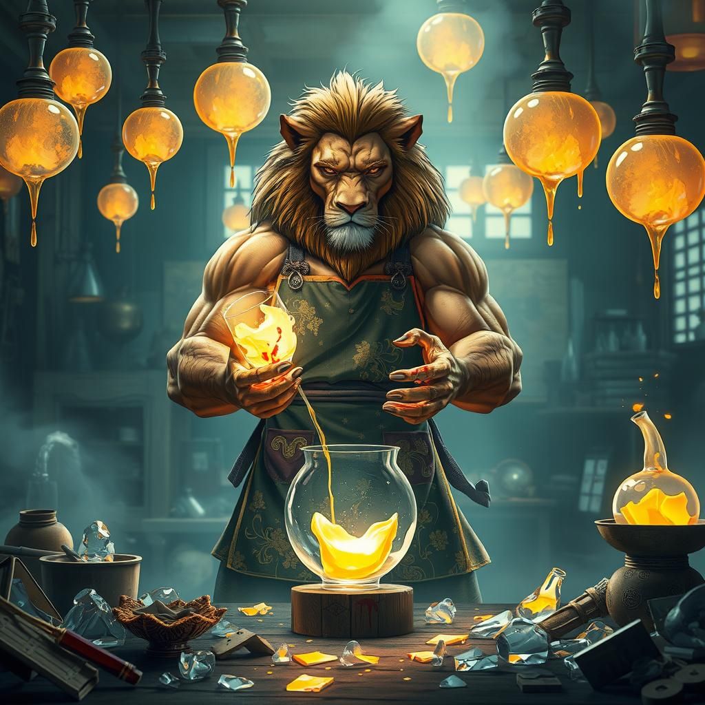 Lion Glassblower in Anime Style Workshop