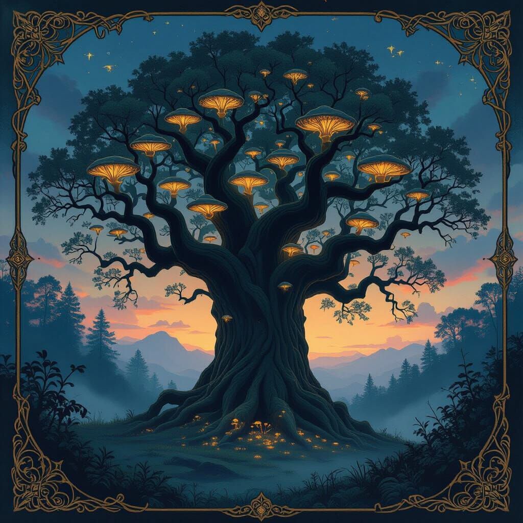 Bioluminescent Ancient Tree in Dark Fantasy Art Nouveau Styl...