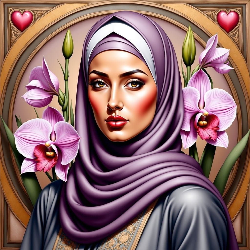 Art Nouveau Hijabi Woman in Floral Heaven
