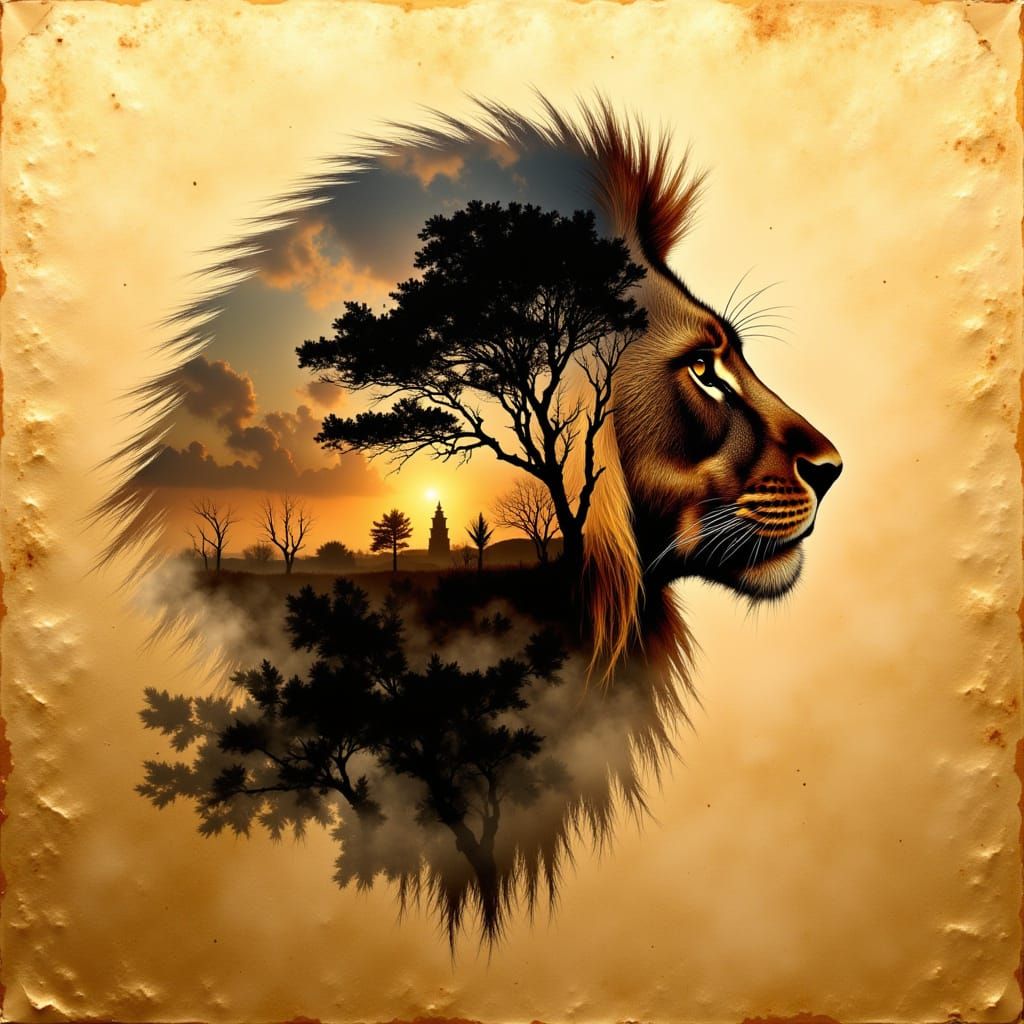 Lion Head Double Exposure with Acacia Trees on Gold Leaf
