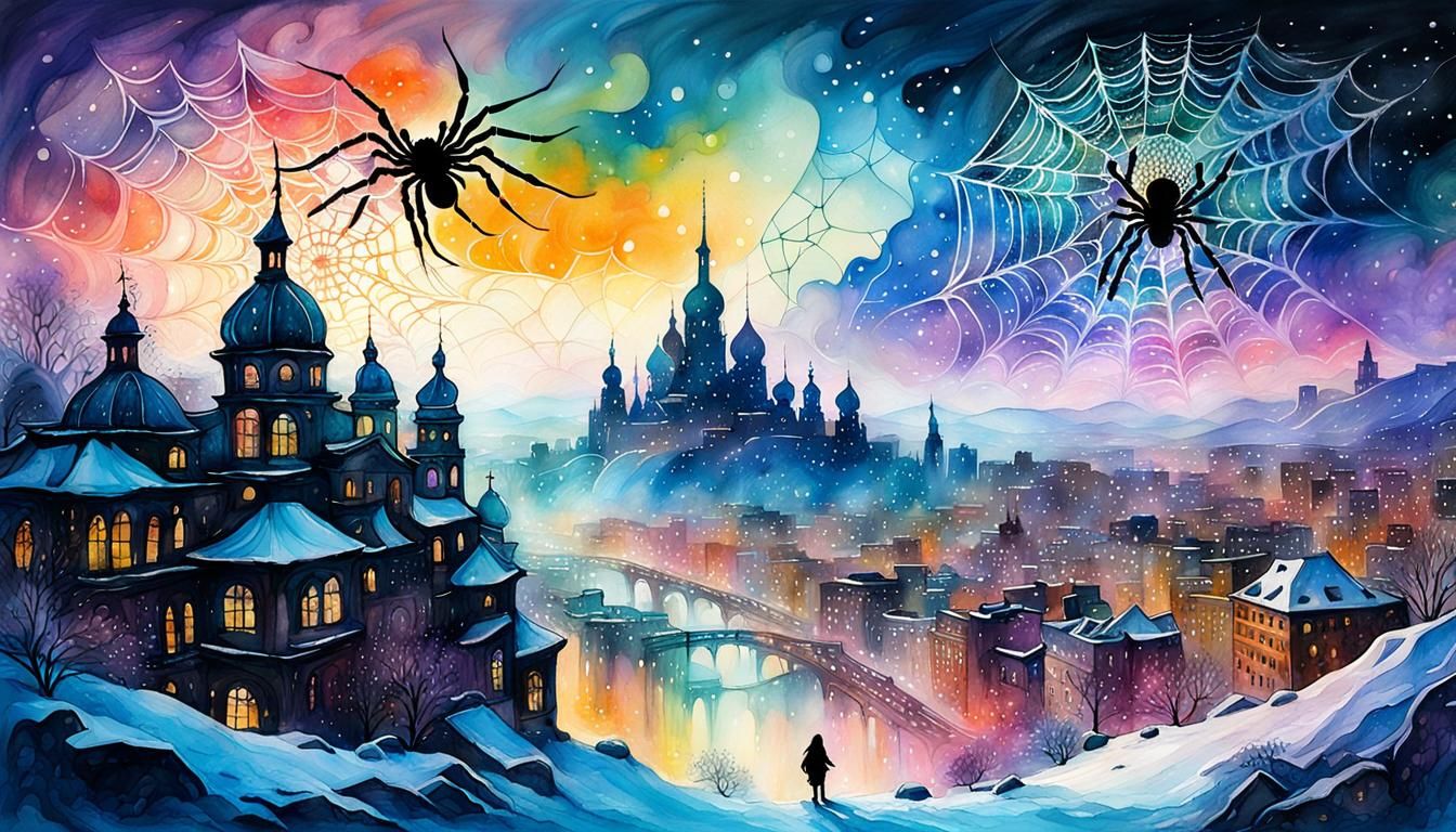 Fantasycore Cityscape with Snowspider in Watercolor Style