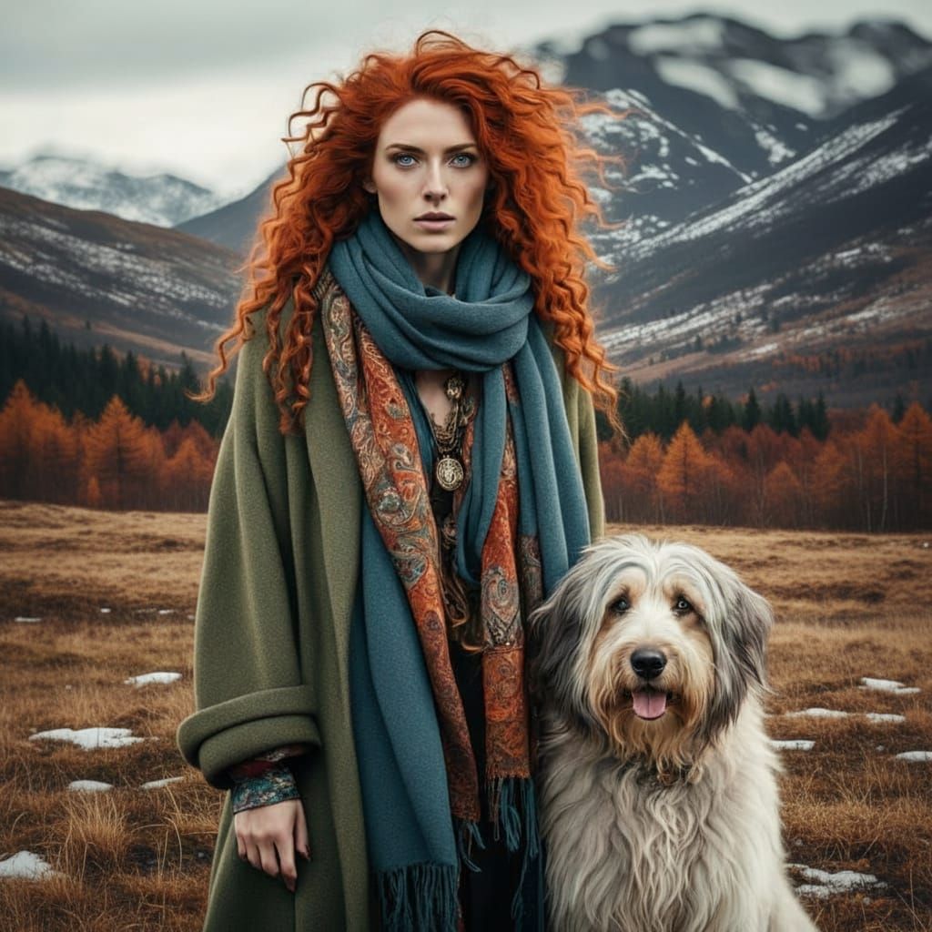 Bohemian Woman and Bearded Collie in Fantasy Art Style