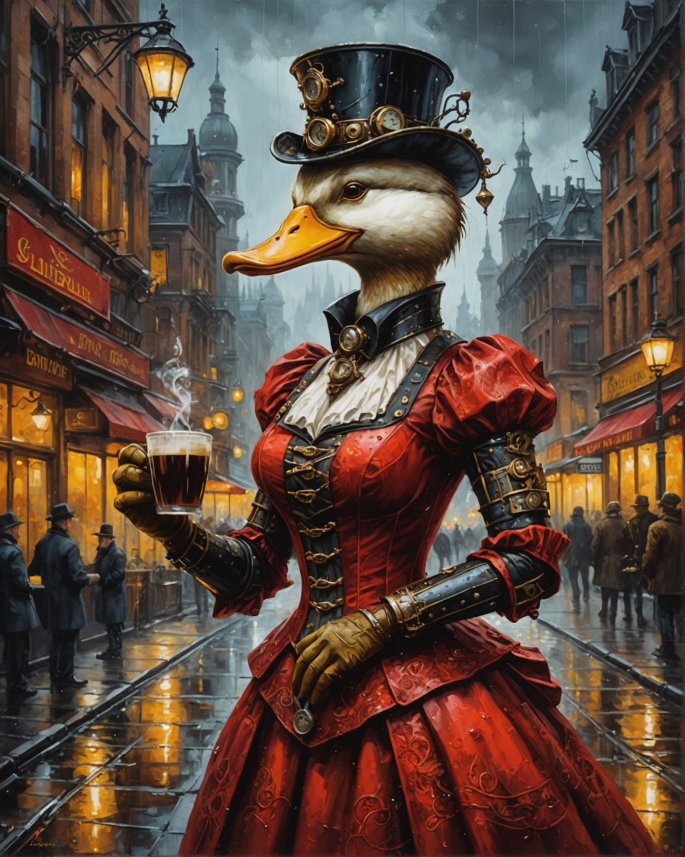 Steampunk Duck Riding Dragon in City, Oil Painting