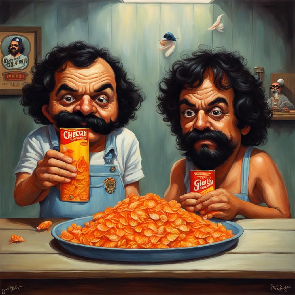 Cheech and Chong with big eyes eating goldfish