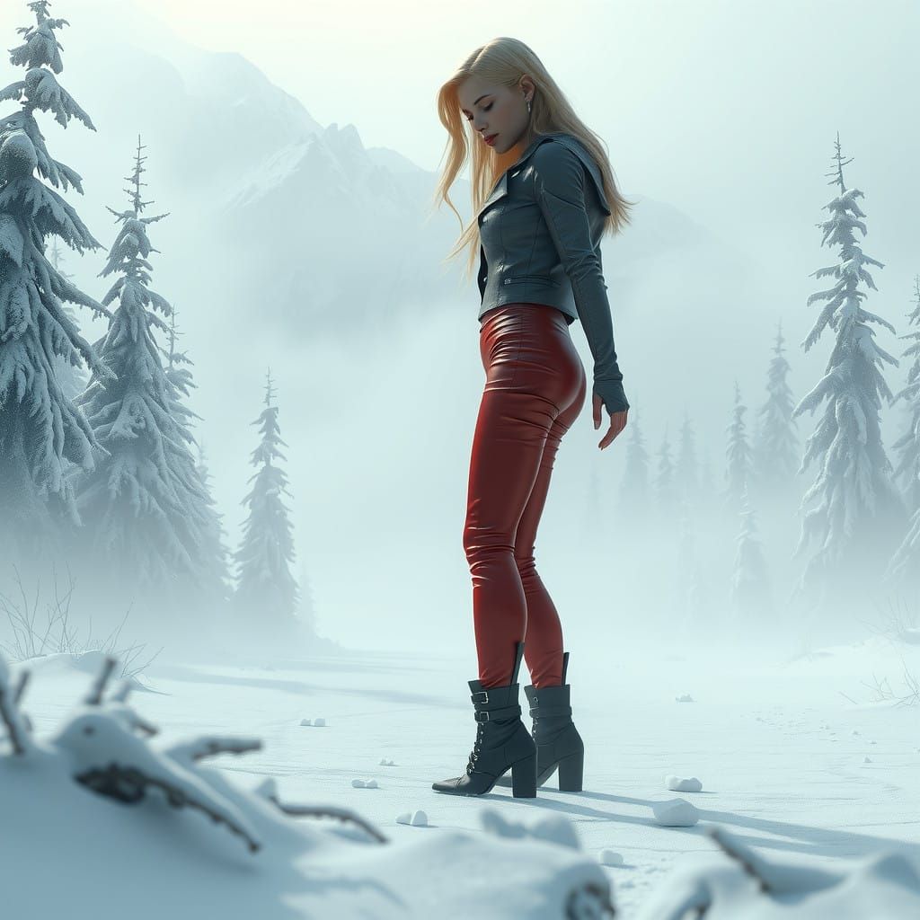 Serene Winter Goddess in Crimson Attire