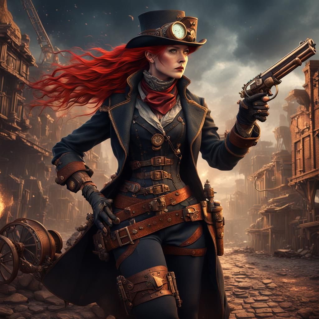 Steampunk Redhead Gunslinger in Detailed Matte Painting