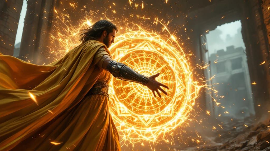 Sorcerer Conjures Fiery Mandala in Sci-Fi Concept Art Style