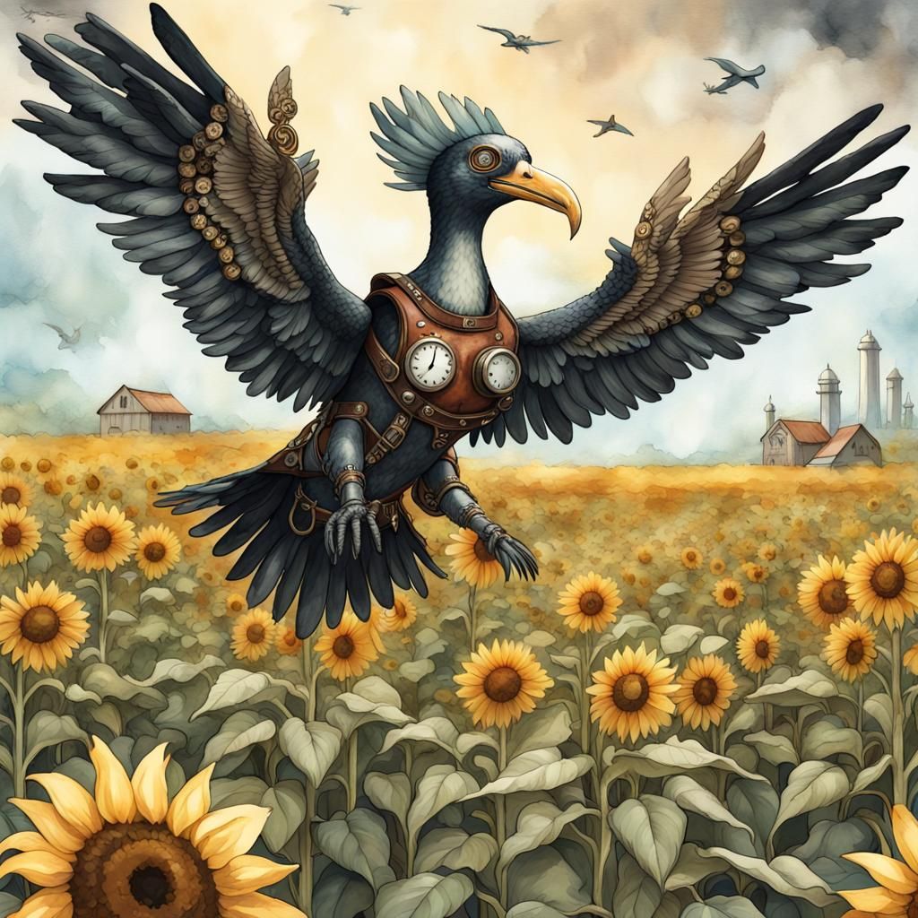 Steampunk Obsidian Albatross Soaring Over Sunflowers