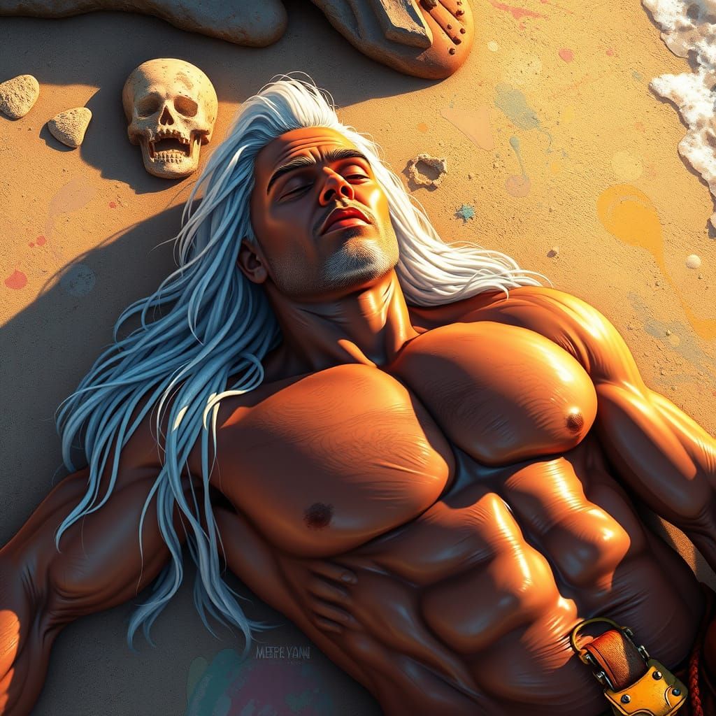 Cinematic Beach Scene with Muscular Hero in Oil Gouache and ...