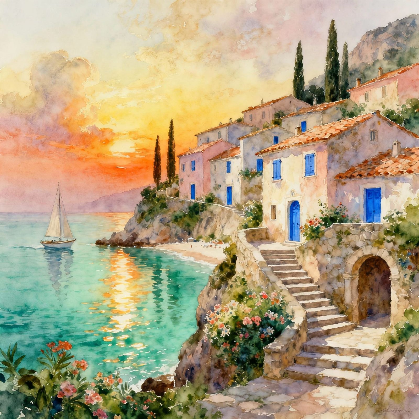 Seaside Village at Sunset Watercolor Painting