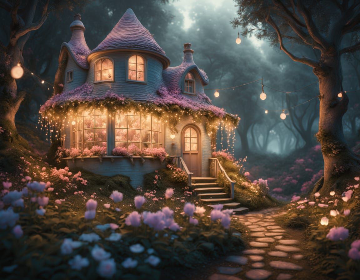Whimsical Teapot House in Enchanted Forest with Fairy Lights