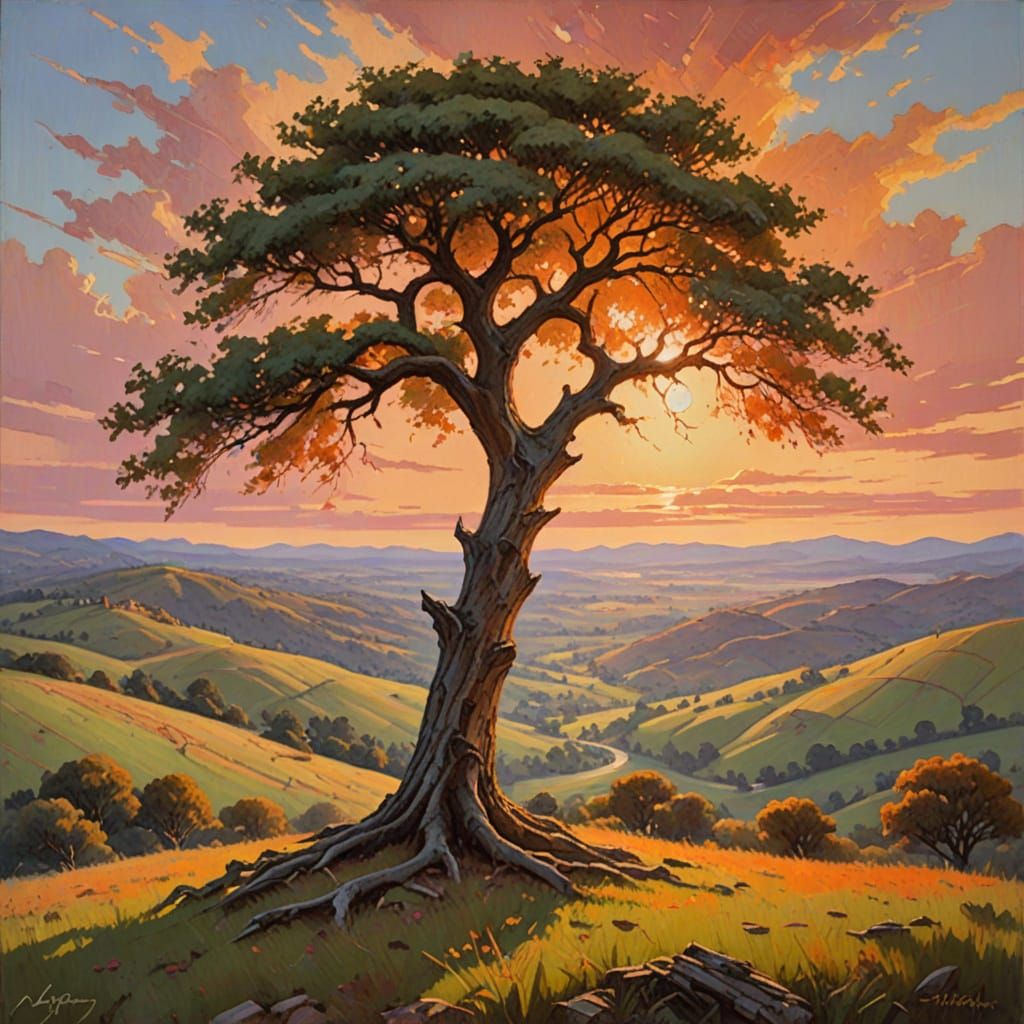 Golden Light on Hillside Tree: An Impressionist Painting