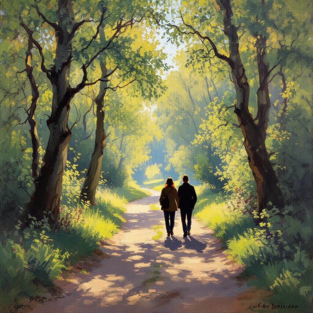 Serene Forest Path with Silhouetted Companions in Oil Painti...