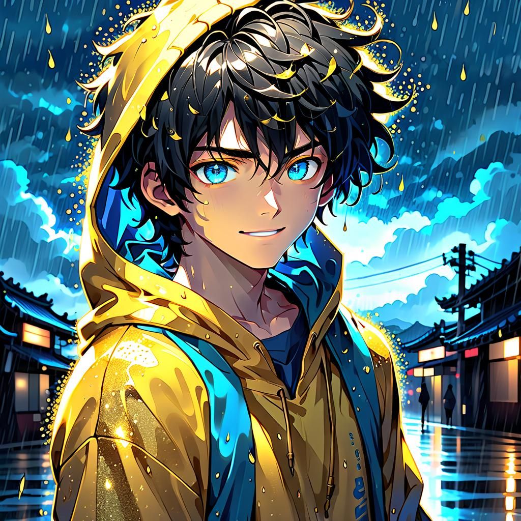 Silhouette of Smiling Boy in Glitter Rain, Detailed Illustra...