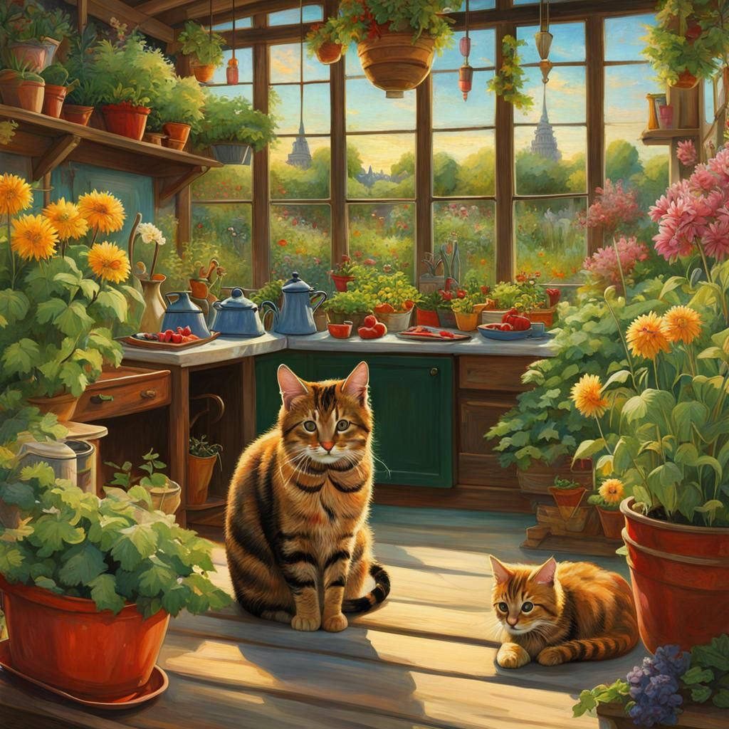 Whimsical Cats in an Enchanting Garden Oasis