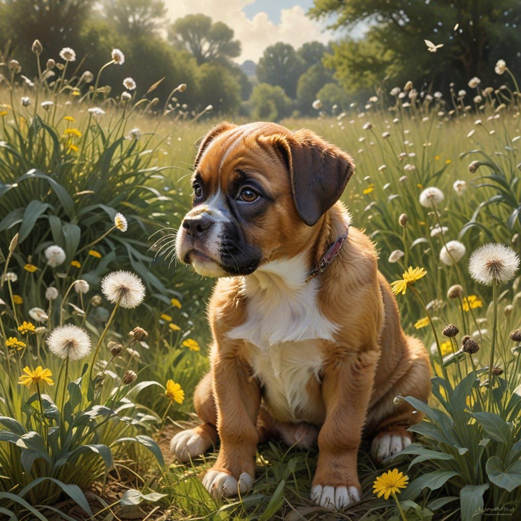 Whimsical Boxer Puppy Encounters Dandelion Delight
