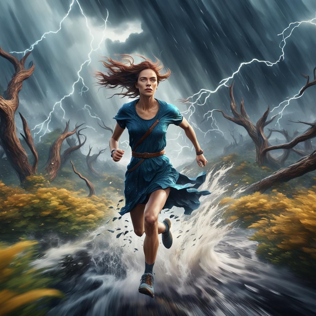 Woman Runs Through Chaotic Nature: Detailed Matte Painting