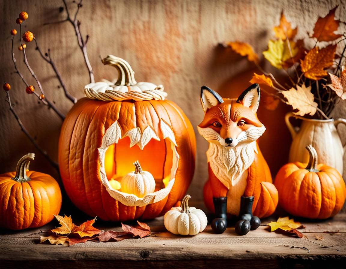 Whimsical Autumnal Still Life with Fox Pumpkins