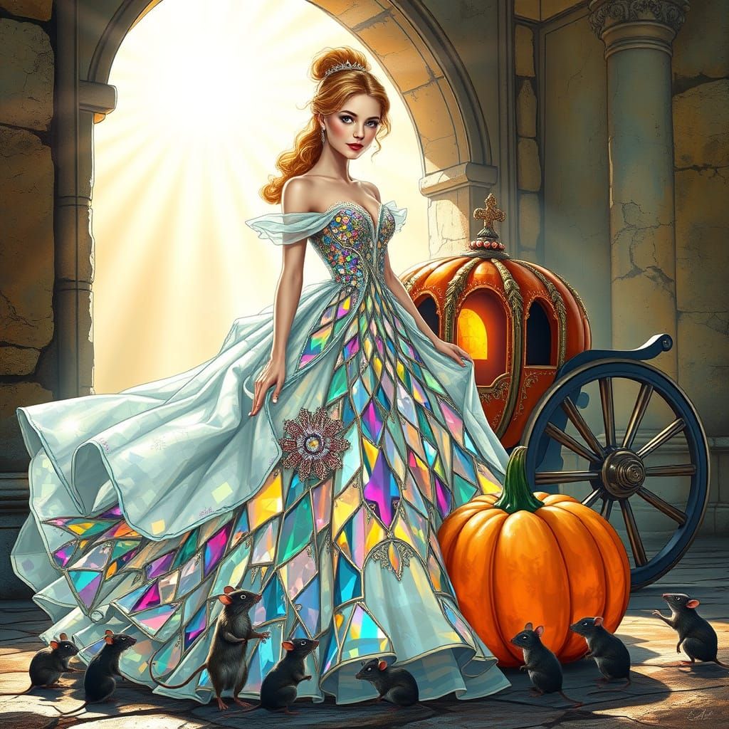 Cinderella in Crystal Glass Gown by Sunlit Pumpkin Coach
