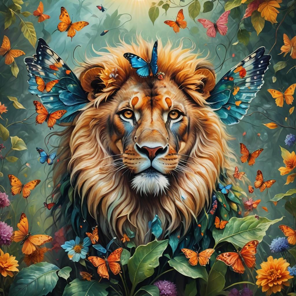 Surreal Lion-Butterfly in Vibrant Oil Painting