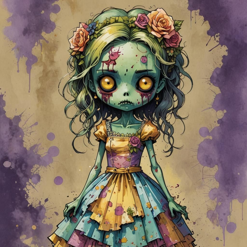 Cute Zombie in Prom Dress: Whimsical Stipple Art