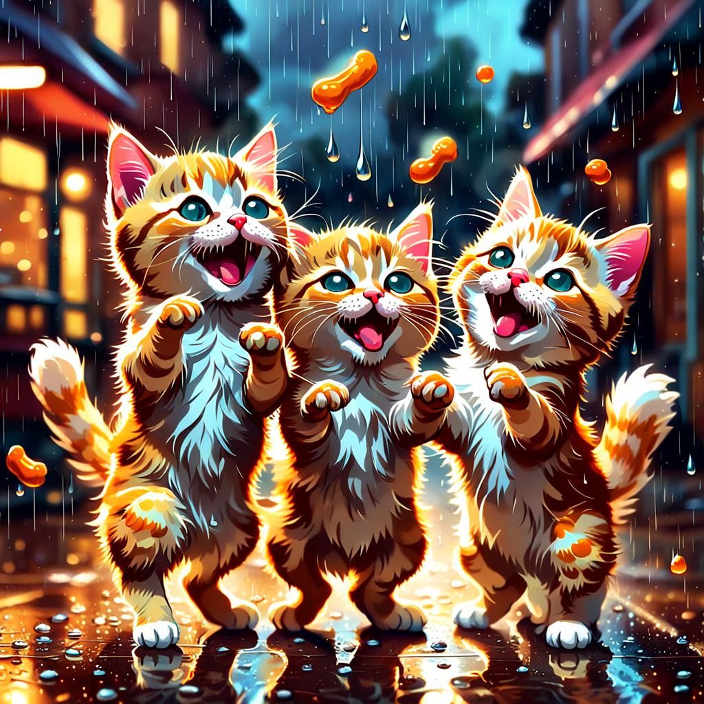 Cats Dancing in Chicken Rain: Candy Art Illustration