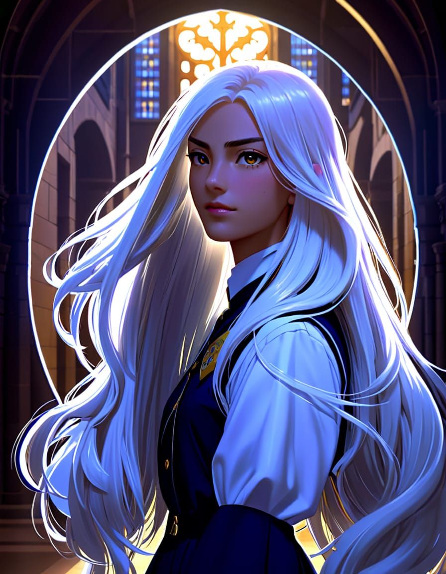 Confident Magical College Student with Long White Hair