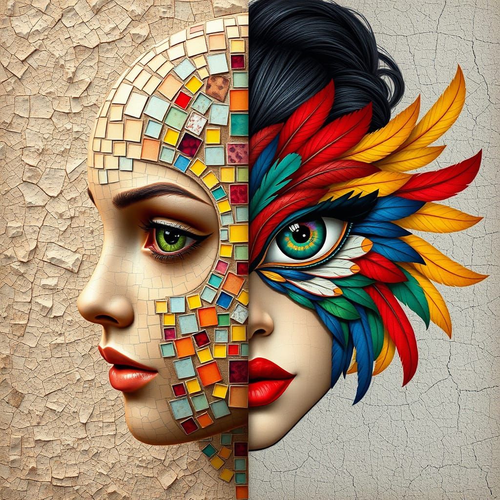 Split-Face Mosaic Portrait in Earthy and Vibrant Colors