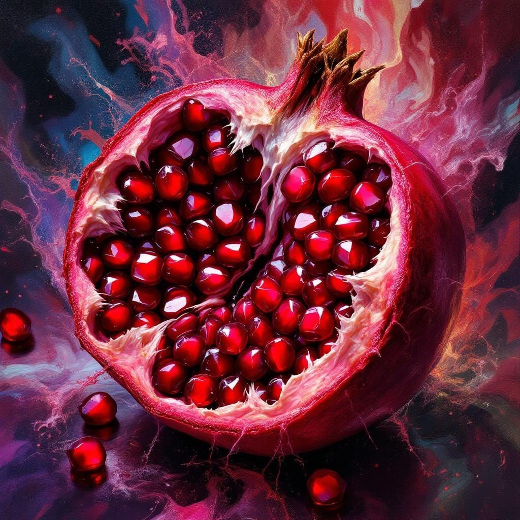 Hyperrealistic Pomegranate Bursting with Seeds in Digital Ar...