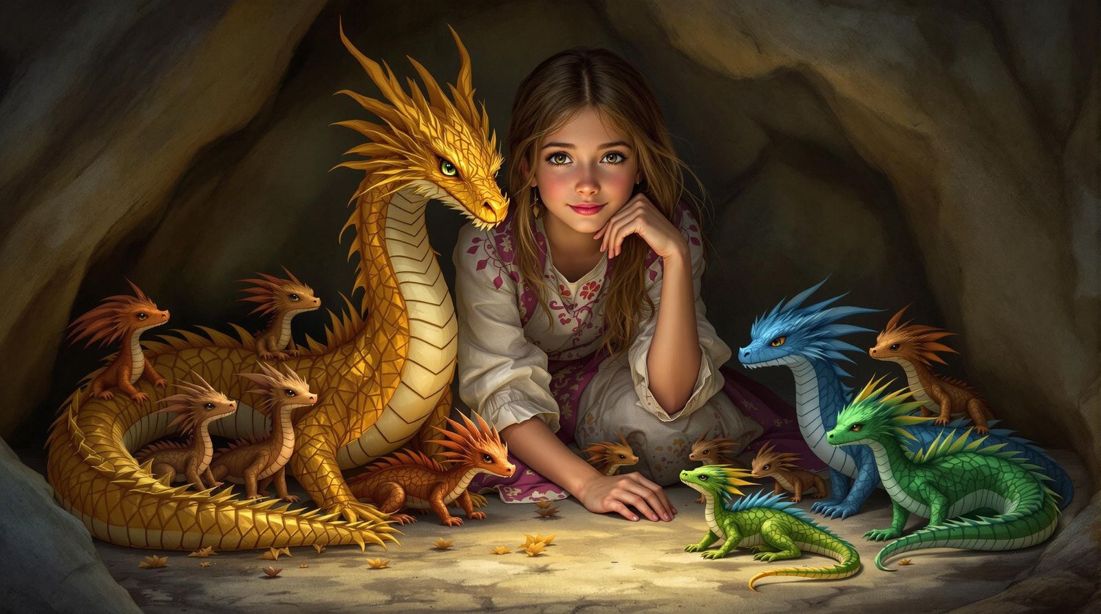 Young Girl Surrounded by Whimsical Dragon Whelps in a Fantas...