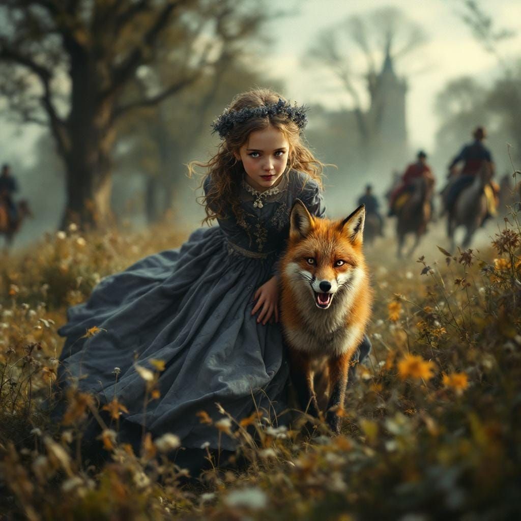 Girl Hiding Fox in English Countryside Portrait