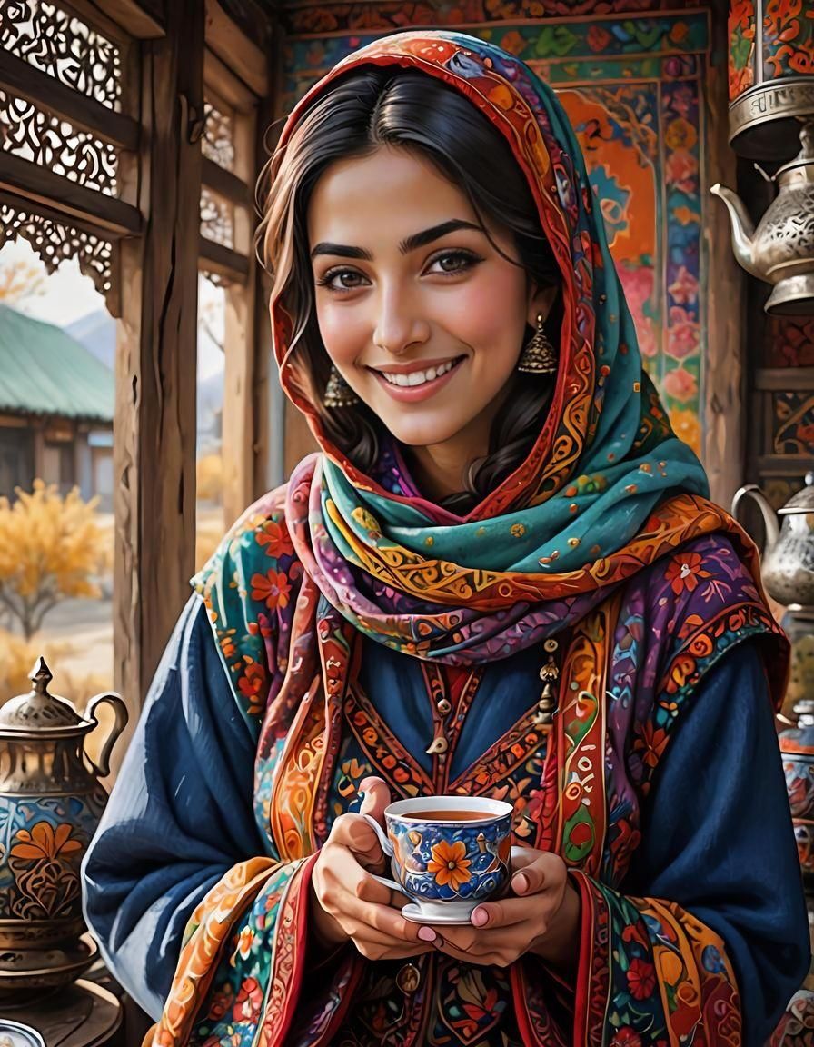 Anime Portrait: Kashmiri Woman Offering Tea