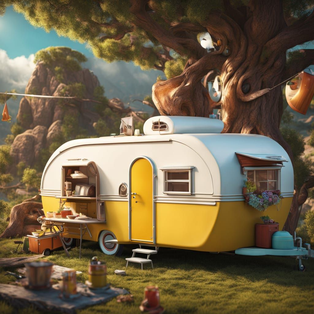 A 1950s pull behind camper trailer. detailed matte painting,...