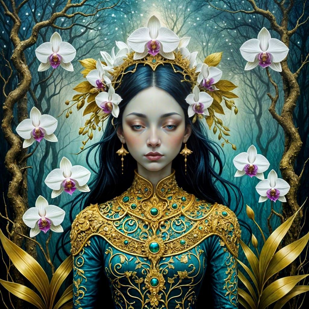 Portrait Visiting Spirit, Orchid Grove, gilded, Majestic, Tempera, Hannah Frank, Andy Kehoe, intricate masterpiece, stor...